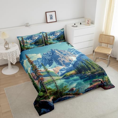 Camping Comforter Set King Size,Lake House Woodland Bedding Set for Kids Teens Adults Room Decor,Adventure Theme Microfiber Soft Quilt Set,Nature Scenery Mountain Duvet Insert 3Pcs,2 Pillowcases