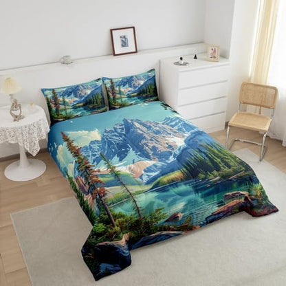 Camping Comforter Set King Size,Lake House Woodland Bedding Set for Kids Teens Adults Room Decor,Adventure Theme Microfiber Soft Quilt Set,Nature Scenery Mountain Duvet Insert 3Pcs,2 Pillowcases