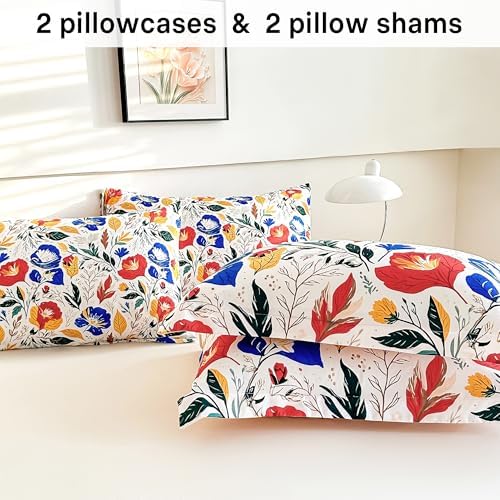 lasoftan Floral Queen Comforter Set with Sheets, 7 piece Luxury Vintage Bedding, Soft Microfiber Bed in a Bag, Cozy Lightweight Bed Set, Blue Orange Flower