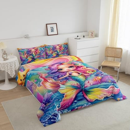 Castle Fairy Mermaid Comforter Sets Queen Size Cartoon Princess Rainbow Mermaid Bedding Set for Kids Girls Teens Bedroom Decor,Cute Ocean Animal Theme Duvet Quilt Watercolor Reversible Soft Comforter