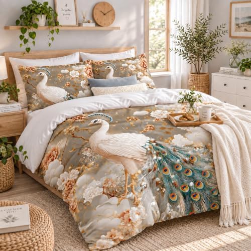 CCoutueChen Kids Twin Size Peacock Comforter Set, 2 Pcs Golden Floral Bird Feather Soft Bedding for Girls, Warm Microfiber Luxury Bed Set with 1 Pillowcase, 68"x86"