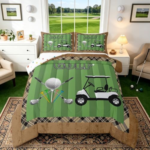 Castle Fairy Golf Bedding Set Twin Size Modern Fashion Sports Games Comforter Set for Kids Boys Bedroom Decor Geometric Plaid Stripes Soft Duvet Insert Golf Ball Print Down Comforter Set,2Pcs