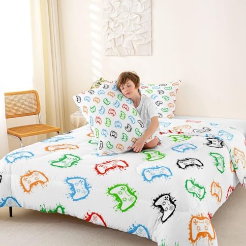 Castle Fairy Gaming Bed Comforter Set Queen Size,Modern Gamepad Super Soft Microfiber Bedding Set for Adults Teens,Colorful Graffiti Comforter Set,2 Pillowcases