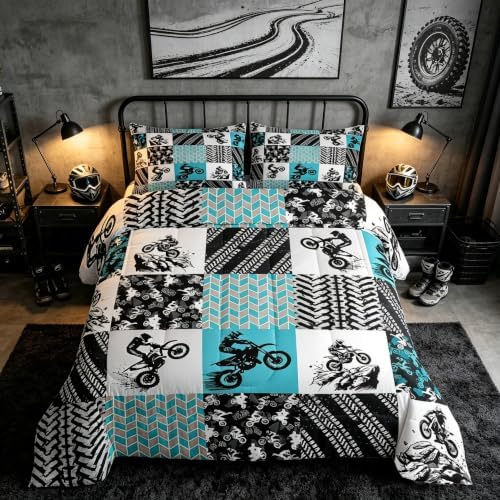 Feelyou Dirt Bike Comforter Set Toddler Size Motocross Bedding Set for Kids Boys Girls Extreme Sports Duvet Quilt Grunge Rider Bedroom Decor Tire Track Microfiber 2 Pcs with 1 Pillow Cases
