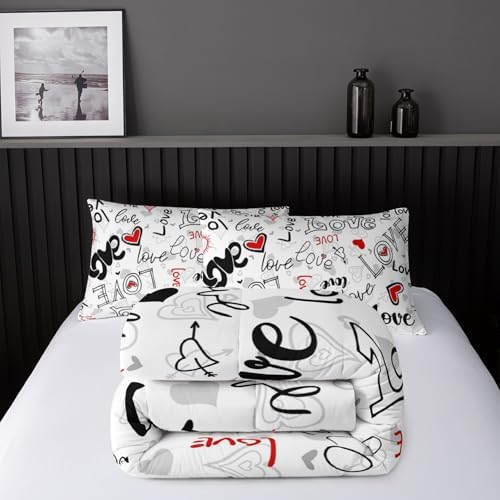 Nttopship Love Comforter Sets Twin Size，Valentines Day Romantic Soft Bedding Set Black White Watercolor Kawaii Comforter Cartoon Love Heart Geometric Comforter Set Soft Warm Quilt 3Pcs