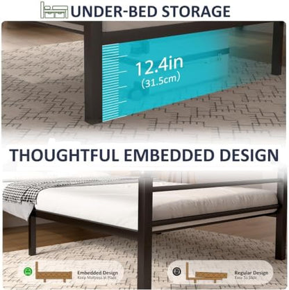 J.Fkne Twin Bed Frame with LED Lights & Charging Station, Metal Platform Bed with Headboard, Heavy Duty Metal Slats, No Box Spring Needed, Noise Free, Easy Assembly, Black