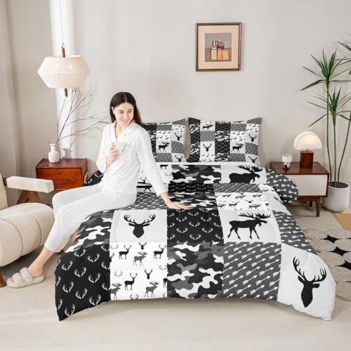 Erosebridal Deer Comforter Set for Boys, Grey Black Camo Down Comforter Boho Antlers Silhouette Bedding Set Kids Teens Camouflage Grunge Arrows Pattern Duvet Sets with 2 Pillow Cases, Queen Size