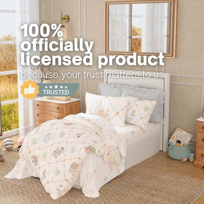 Peter Rabbit Book Bedding Set, Twin Size 5-Piece Super Soft Fluffy Reversible Comforter & Sheet Set with Sham, Spring Storybook Friends (100% Officially Licensed Product) by Franco Heritage
