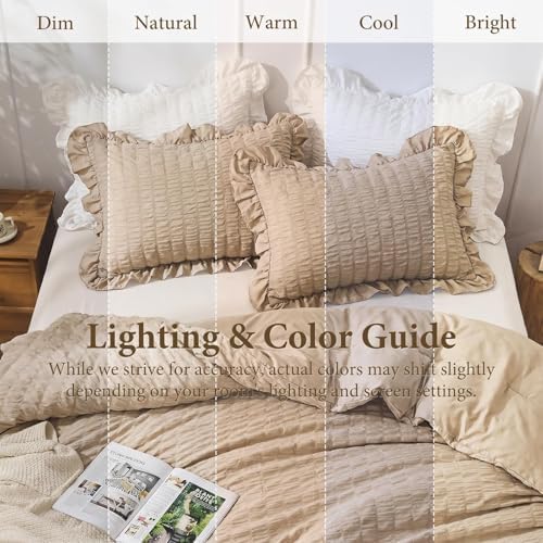 JOLLYVOGUE Khaki Twin/Twin XL Comforter Set, 2 Pieces Seersucker Lightweight Fluffy Bedding Set, Twin Ruffle Comforter, All Season Soft Microfiber Shabby Chic Bed Set