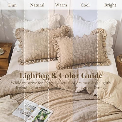 JOLLYVOGUE Khaki Twin/Twin XL Comforter Set, 2 Pieces Seersucker Lightweight Fluffy Bedding Set, Twin Ruffle Comforter, All Season Soft Microfiber Shabby Chic Bed Set