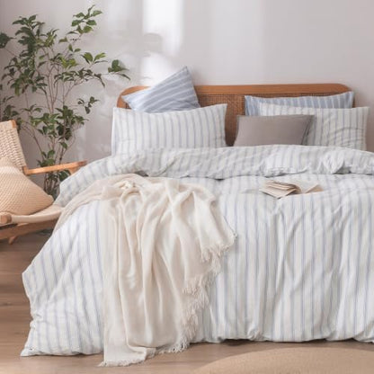 BESTOUCH Striped Cotton Duvet Cover Set Linen Feel California King