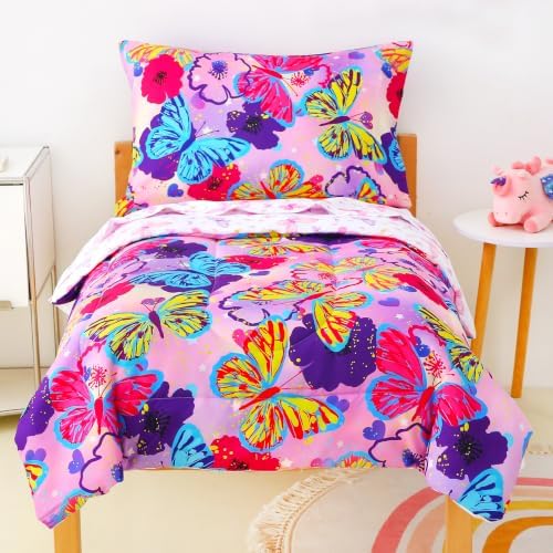 Mooreeke Toddler Bedding Sets for Girls,4 Pieces Butterfly Flowers Printed
