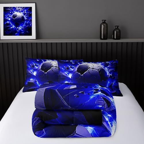 Nttopship Soccer Bedding Comforter Set Queen Size for Kids Teens and Adults, Blue and Black Football Printed Bedding Sets 3 PCS,Ball Sports Themed Bedroom Decor with 1 Comforter and 2 Pillowcases