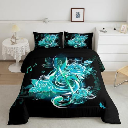 Feelyou Teal Music Note Comforter Set Twin Size Boys Girls Teens