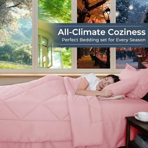 HEVUMYI 7-Piece Queen Comforter Set, Pink Bed in a Bag