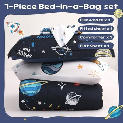 Wajade Kids Space Comforter Set Bed in A Bag Twin Size 7 Piece 3D Space Rocket Planets Bedding Set for Teens Boys Girls (1 Comforter, 1 Flat Sheet, 1 Fitted Sheet, 2 Pillowcase and 2 Pillow Sham)