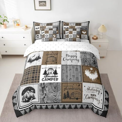 Erosebridal 7 Piece Kids Camping Comforter Set Twin,Rv Camper Bedding Set for Bunks Travel Trailers,Patchwork Buffalo Plaid Bed in a Bag with Sheets,Woodland Pine Tree Bed Set with Pillowcases