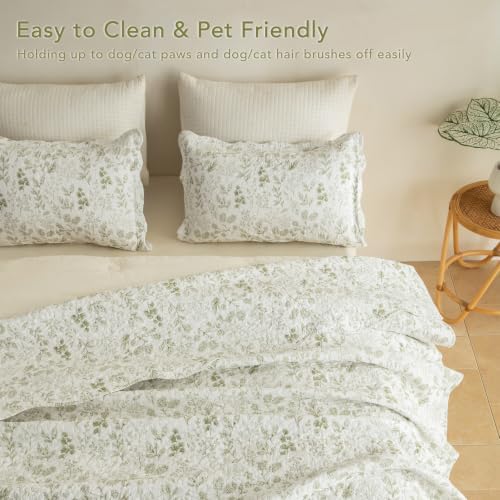 Lady Ann 100% Cotton King Quilt Set, Soft Cottagecore Green Leaves Botanical Pattern Printed Quilted Bedspread & Coverlet, 3 PCS Lightweight King Bedding Set for All Season