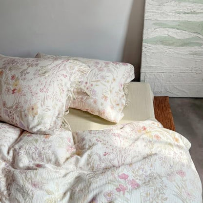 VM VOUGEMARKET Cottagecore Wildflower Duvet Cover Set Twin,Luxury Crinkled Double Layer Cotton Bedding Bedding Set,Lightweight Breathable Floral Comforter Cover for Girls Women