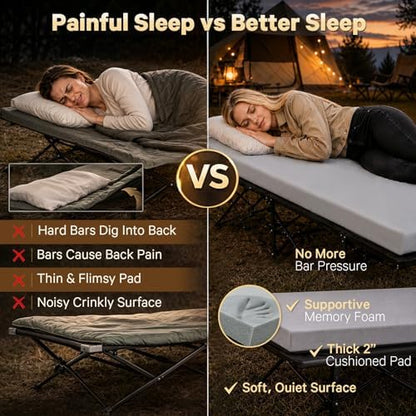 CYMULA Camping Cot Pad 2 Inch Memory Foam, Pad Only,Camping Pad for Folding Cot and Foldable Cot, Portable Roll Up Camp Gear for Car Camping Travel Tent, Non-Slip Waterproof Bottom, Removable Cover