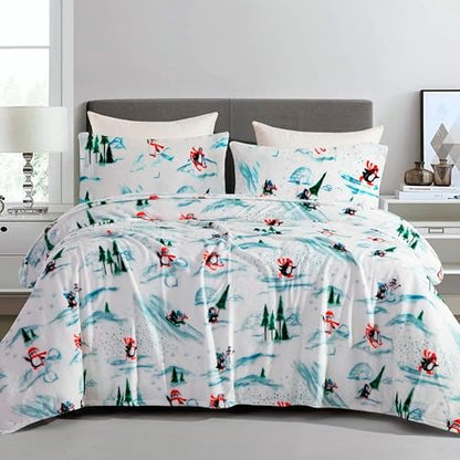 Elegant Comfort Luxuriously Soft 4-Piece Holiday Velvet Plush Flannel Sheet Set - Premium Quality - Cozy Warm, Christmas Fuzzy Velvet Flannel Fleece Deep Pocket Sheet Set - Queen, Skiing Penguins