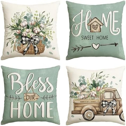 AVOIN colorlife Bless Our Home Farmhouse Eucalyptus Leaves Throw Pillow Covers, 18 x 18 Inch Truck Home Sweet Cushion Case Decorations Set of 4