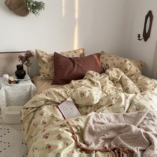 mixinni Vintage Floral Duvet Cover Full Size - 3 Piece 100% Cotton Cottagecore Red Flowers & Green Leaves Bedding, Soft Botanical Comforter Cover & Pillowcases, Aesthetic Spring Bed Set for Girls