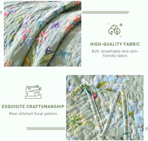Lady Ann Green Floral 100% Cotton Quilt Sets Queen - Green Flower Bird Butterfly Print Botanical Bedding,Vintage Lightweight Coverlet Ultra Soft Bedspread Set with Pillow Shams for All Season, 3 PCS