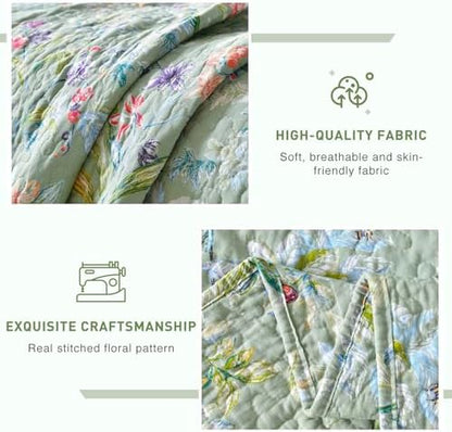 Lady Ann Green Floral 100% Cotton Quilt Sets Queen - Green Flower Bird Butterfly Print Botanical Bedding,Vintage Lightweight Coverlet Ultra Soft Bedspread Set with Pillow Shams for All Season, 3 PCS