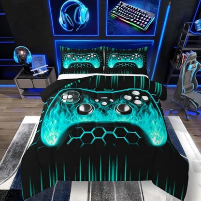 Erosebridal Honeycomb Gaming Boys Comforter Set Teal Neon Lights Game Consoles Toddler Bedding Sets for Boys Ombre Art Geometry Hexagon Beehive Duvet Set Gamer Room Decor for Boys
