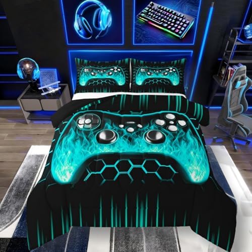 Erosebridal Ombre Art Honeycomb Gaming Consoles Bedding Set Teal Neon Lights Game Consoles King Size Comforter Set Geometry Hexagon Beehive Duvet Insert Gamer Room Decor for Boys