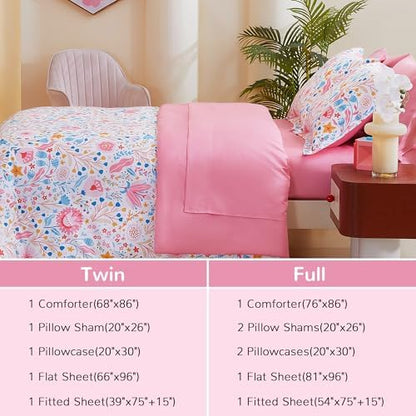 Viviland Kids Twin Bedding Sets, Girls Comforter, Floral