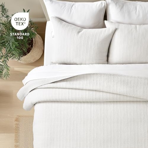 EverGrace 100% Cotton Modern Grid Stitch Quilt Set, King Size, Bright White