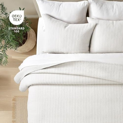 EverGrace 100% Cotton Modern Grid Stitch Quilt Set, King Size, Bright White