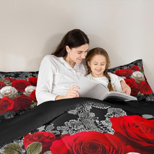 Red and White Rose Print Comforter Set Full Aldults Teens 3D Floral Room Decor Romantic Lace Pattern Bedding Set,Soft Lightweight Modern Flowers Duvet,Youth Young Man Quilt,1 Comforter + 2 Pillowcase