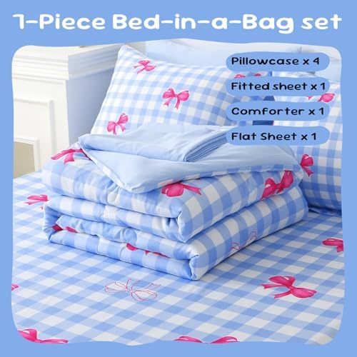 Wajade Bow Comforter Set 7 Piece Blue Gingham Plaid Comforter Sets for Girls Kids Twin Size Checkered Bedding Set with Sheet and 2 Pillowcases 2 Pillow Shams Cute Girls Bed in a Bag as Birthday Choice