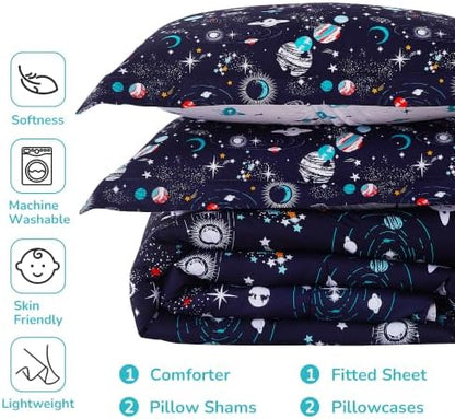 Viviland Kids Bedding Set Full Size Comforter Sets, Bed in Space Universe Cover Set for Children