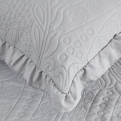CHIXIN Ruffle Skirt Bedspread King Size - 30" Long Drop, Shabby Chic Style, Lightweight Bedding Cover, 3 Piece Set, Chic Layers, Light Grey