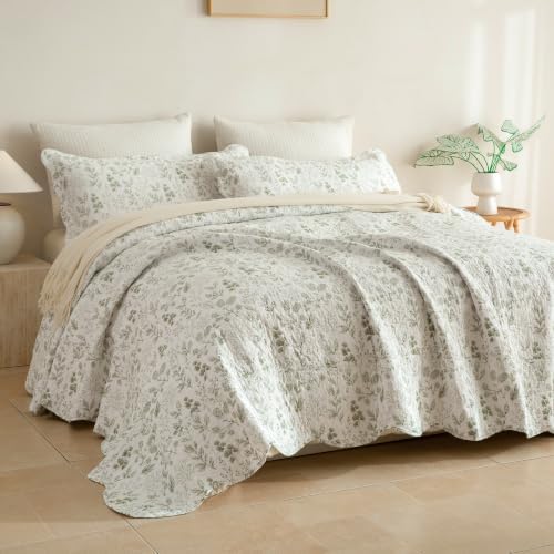 Lady Ann Oversized King Quilt Bedspreads 120x120, 3 Pcs Cotton California King Size Quilted Bedding Set, Cottagecore Green Leaves Pattern Plant Botanical Printed Quilted Coverlet Set