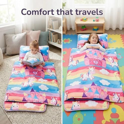 EVERYDAY KIDS Nap Mat with Removable Pillow - Unicorn Dreams - Carry Handle with Straps Closure, Rollup Design, Soft Microfiber for Preschool, Daycare, Travel Sleeping Bag - Ages 3-6 Years
