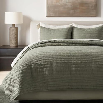EVERGRACEHOME 100% Cotton Modern Lines Quilt Set Queen Size, Olive Green