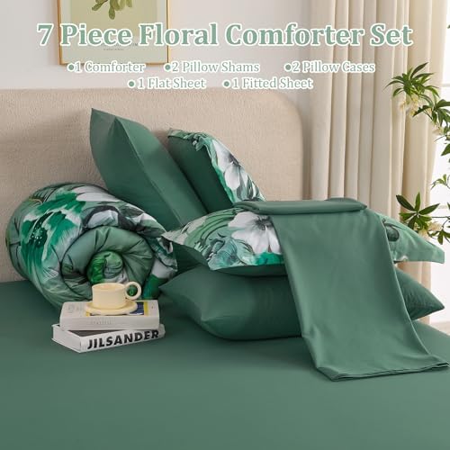 Luxudecor Floral Comforter Set King Size 7 Piece, Green Flower Bed in a Bag, Elegant Floral Comforter Bed Set with Sheet Set, Soft Microfiber Bedding Set for All Season (104"x90")