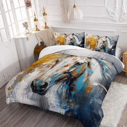 Nttopship Horse Canvas Comforter Set Twin Size,100% Soft Ultra-fine Fiber Four Season White Horse Comforter Set with 1 Comforter and 2 Pillow Case