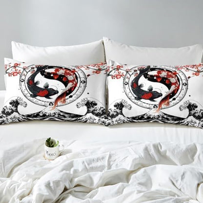 Feelyou Koi Fish Duvet Cover Full Size Kids Cherry Blossoms Bedding Set Japanese Ukiyoe Theme Comforter Cover for Boys Girls Teens(No Comforter)