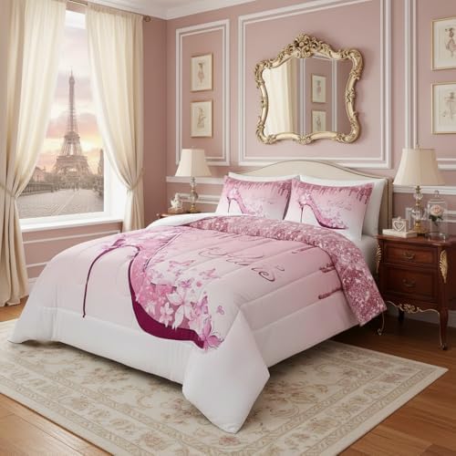 Feminine Pink Bedding Set Full Size,Paris Romantic Flowers Butterfly High Heels Comforter Set for Girls Kids Woman Room Decor,Fantasy Glitter Quilted Duvet Valentine Day Duvet Insert,2 Pillowcases