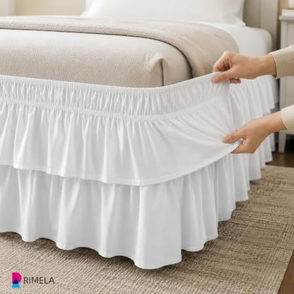 RIMELA Ruffle Bed Skirt White Full 14 Inch Drop, Elastic Wrap Around Bed Skirt Full Size, Easy to Install Dust Ruffle, Machine Washable Soft Fabric, Multi Ruffle Bedskirt