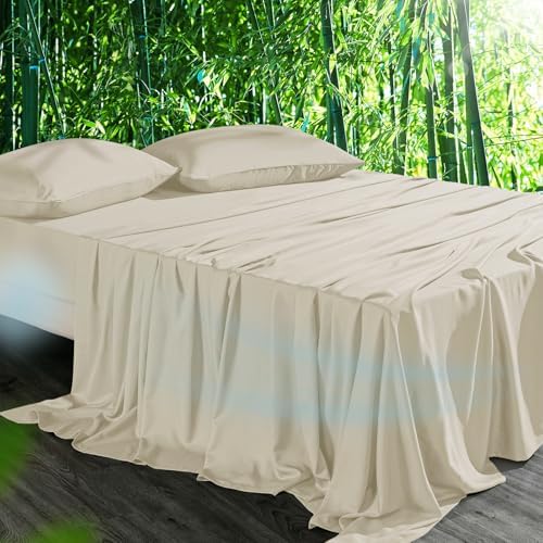 Cooling Sheets Set Cal King Size, Viscose Derived from Bamboo for Hot Sleepers | Deep Pocket Up to 16 Inch | Silky Soft & Breathable Bedding - 4PC (Cal King, Sand)