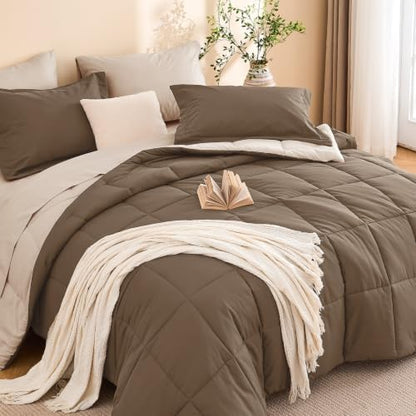 Oversized King Comforter Set, Brown Bed in a Bag, Bedding Set with sheets