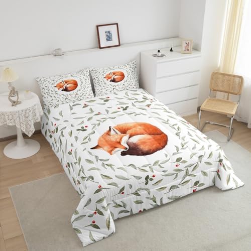 Manfei Lovely Fox Comforter Set Full Size, Cartoon Animal Theme Quilt Set with 2 Pillowcases, Botanical Floral Leaves Print Bedding Set 3pcs for Kids Boys Girls Bedroom Decor