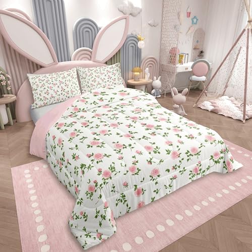 jejeloiu Pink Rose Flower Kids Comforter Set Full Size Cute Floral Bedding Set Botanical Duvet Quilt for Kids Boys Girls Bedroom Blossom Flowers Pattern Decor Microfiber Ultra Soft Breathable